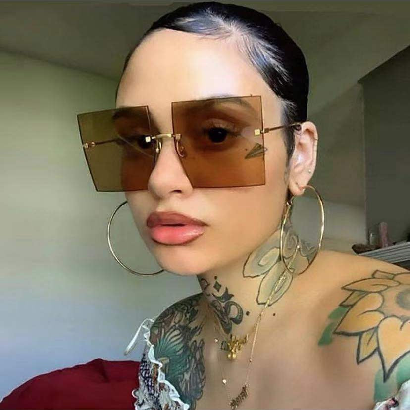 Oversized Rimless Square Sunglasses Women Trendy Fashion Ladies Retro Sun Glasses Sexy Red Brown Tinted Color Lens UV400