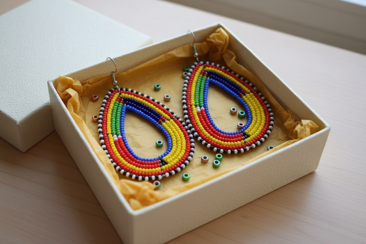 Masai beaded earrings gift presentation