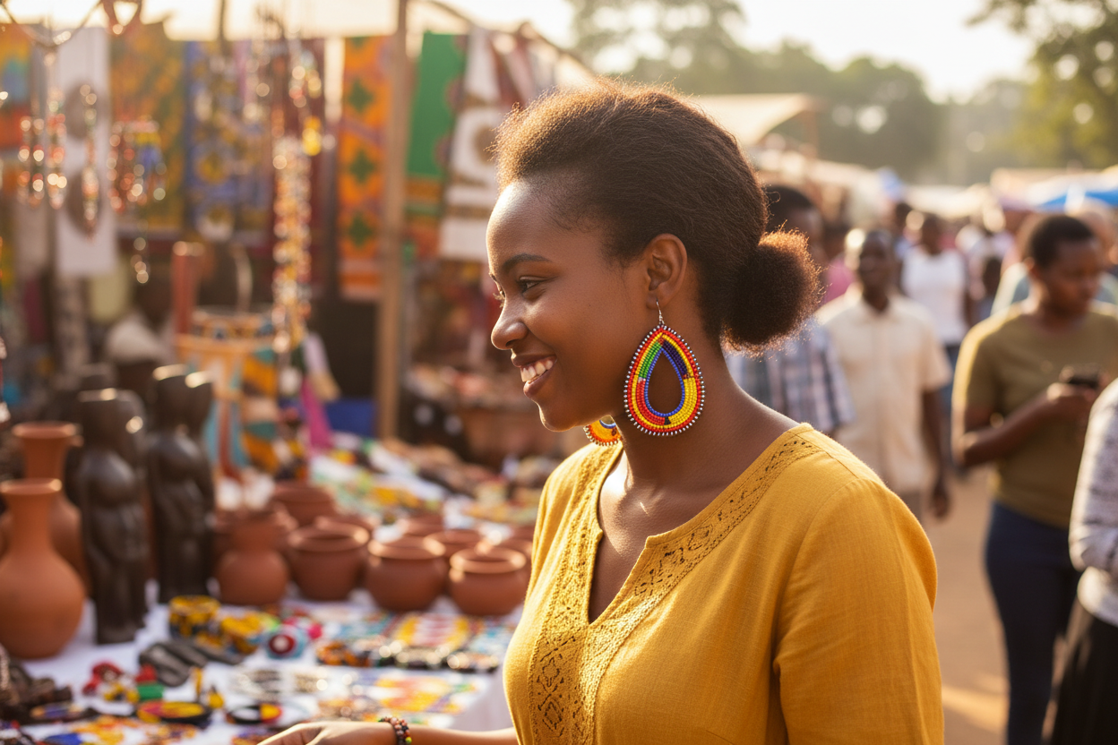 Woman wearing Masai earrings at outdoor market