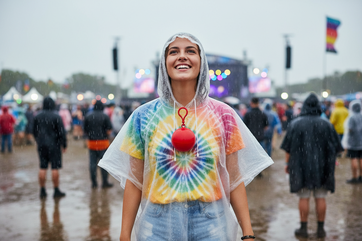 Person wearing rain poncho at outdoor festival