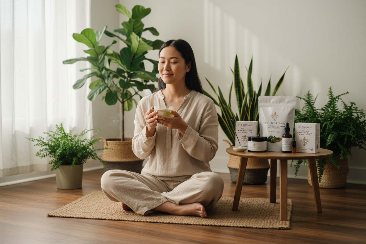 Woman enjoying Moringa herbal tea meditation