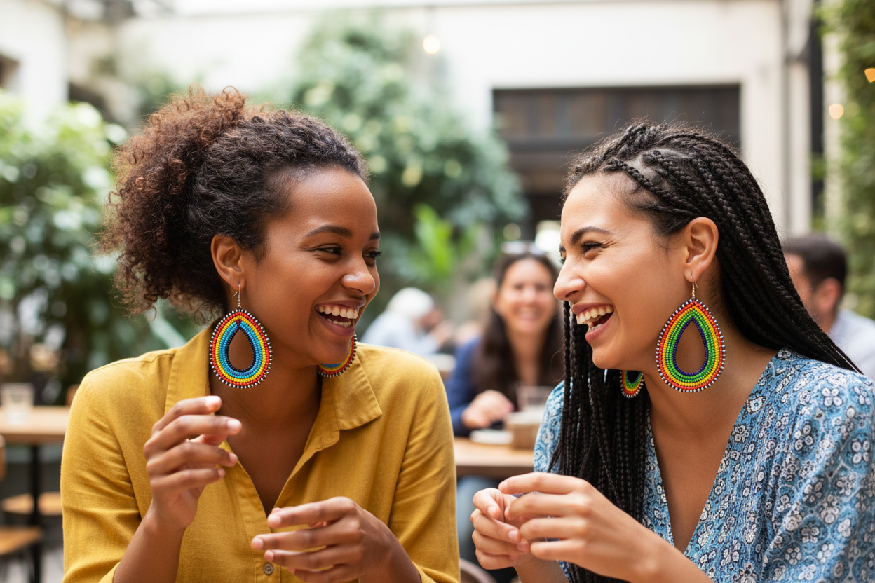 Friends wearing Masai beaded earrings together