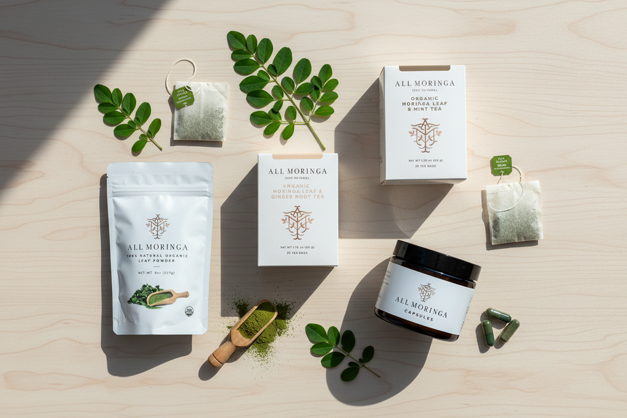 Complete Moringa wellness bundle flat lay
