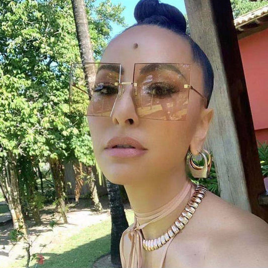 Oversized Rimless Square Sunglasses Women Trendy Fashion Ladies Retro Sun Glasses Sexy Red Brown Tinted Color Lens UV400